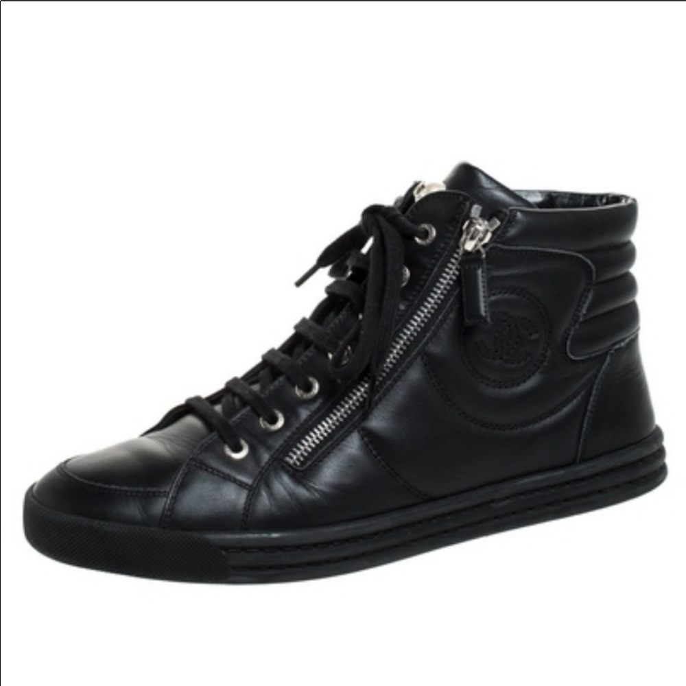 Authentic black leather Chanel high top sneakers
